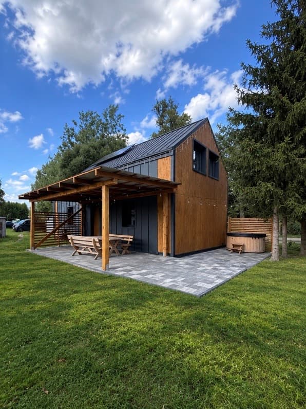 Domek nr 1 od frontu z tarasem, pergolą i jacuzzi w tle, Siedlisko Rawka Nowy Kawęczyn